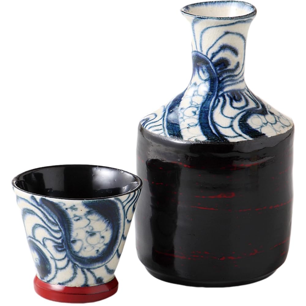 Sake Tokkuri and Guinomi Diameter x 12cm Lacquered Ceramic Soukichi Uzu Shigebono Suitable for Hot and Cold Mino Made in Japan Ale-net Set, (Sake Cup)
