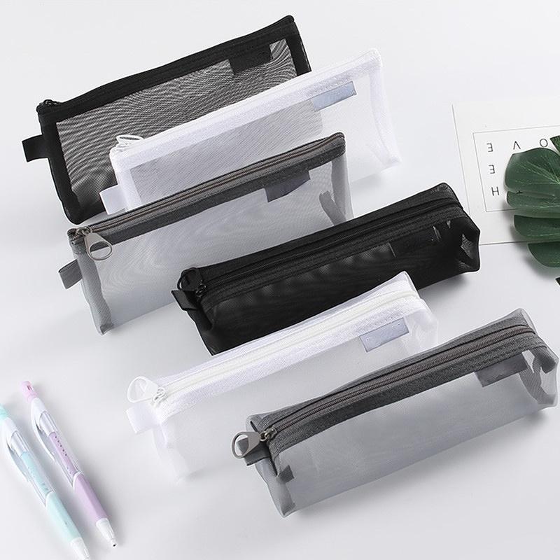 Singple Gray Black Makeup Case Large Capacity Mash Transparent Cosmetic Brush Bags Students Three-dimensional Nylon Pencil Case