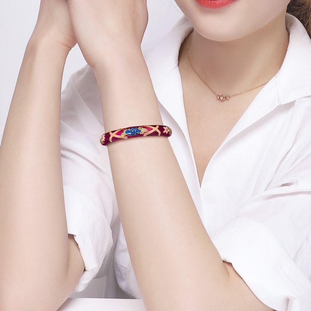Traditional Hollow Out Flower Bangle Chinese Women's Hand Bracelet Vintage Cloisonne Bangle Girls