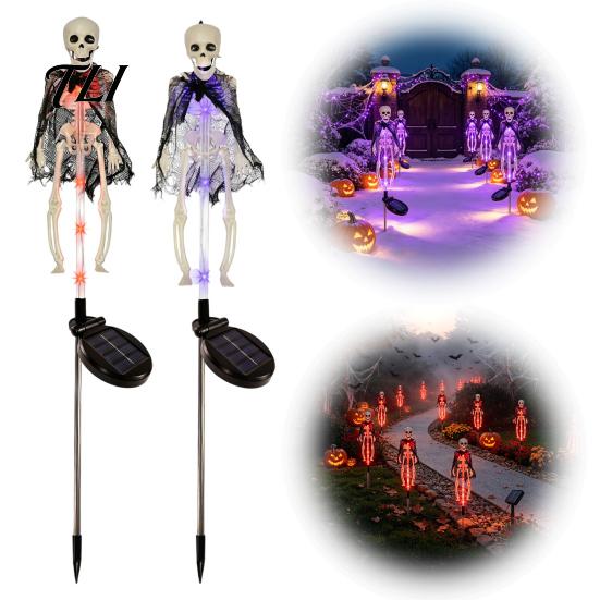 Automatic Solar Skeleton Lights Yard Stake Light, Halloween Glowing Skull Garden Decor Outdoor with Cloak, Waterproof Lawn Lamp for Haunted