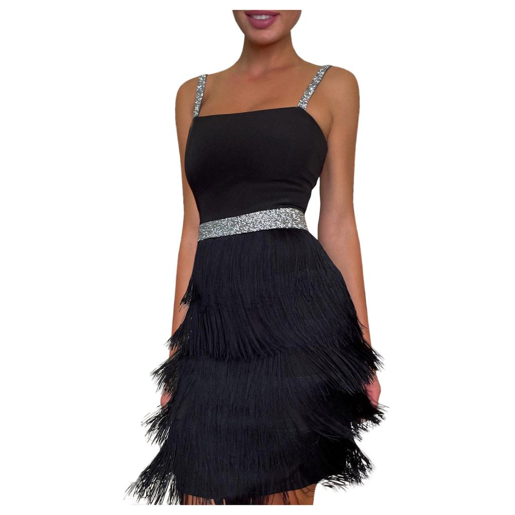 Женское вечернее сексуальное платье, модное однотонное платье с блестками и бахромой