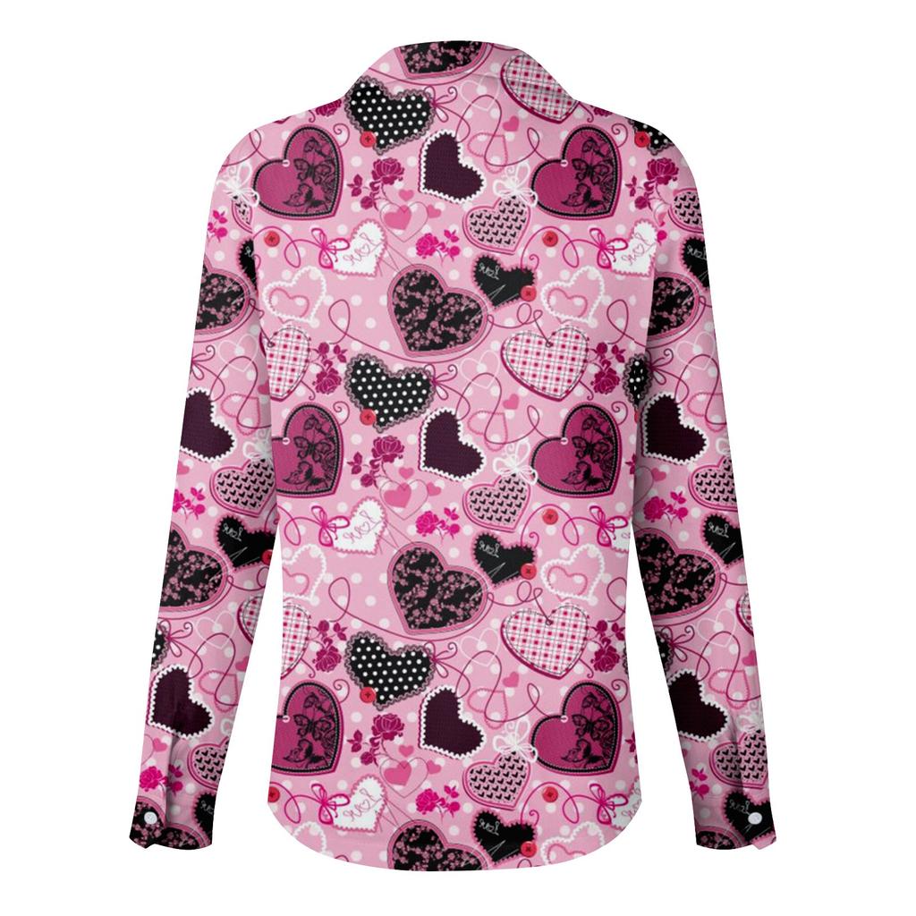 Женская рубашка-блузка с принтом на пуговицах ко Дню Святого Валентина и длинным рукавом, повседневная базовая рубашка с воротником, обычный топ