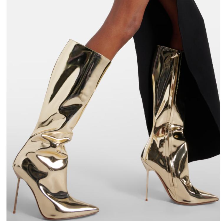 Krazing Pot Microfiber Autumn Winter Shoes Stiletto Super High Heels Big Size 46 European Style Keep Warm Mid-calf Boots