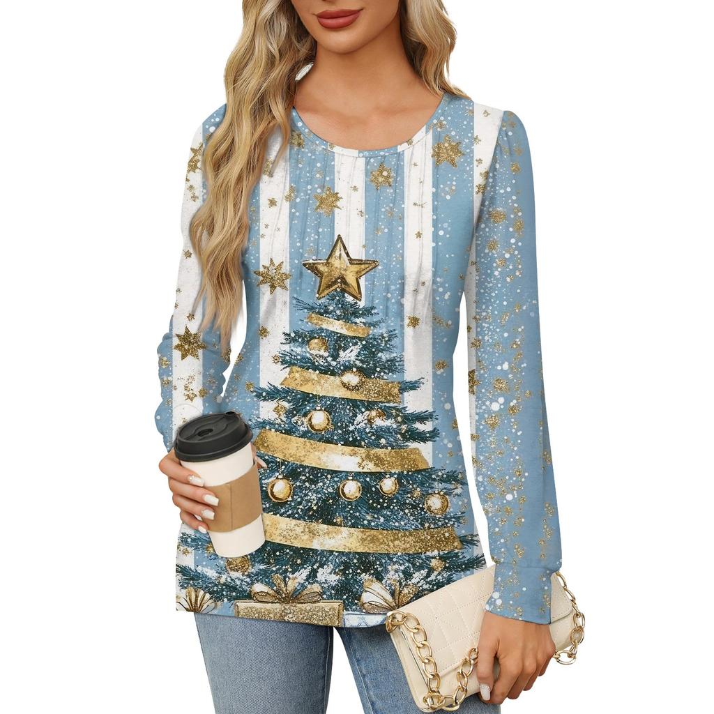 Рубашки с длинным рукавом для женщин Милые принты Графические футболки Блузки Нарядные повседневные блузки Плиссированные туники с круглым вырезом Топы Рождество