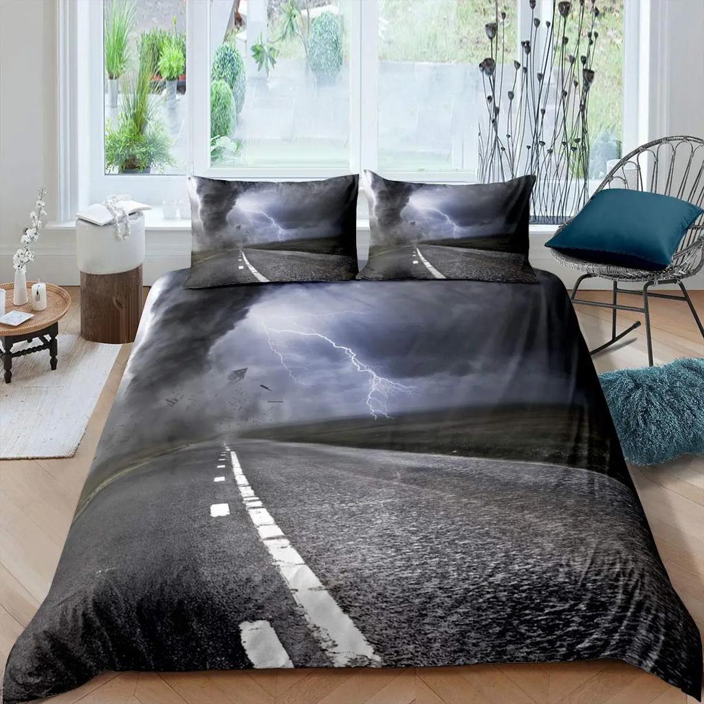 Highway Duvet Cover Set Tornado Lightning Bedding Set Disaster Queen King 2/3 Pcs Polyester Quilt Cover For Adults Boys Teens