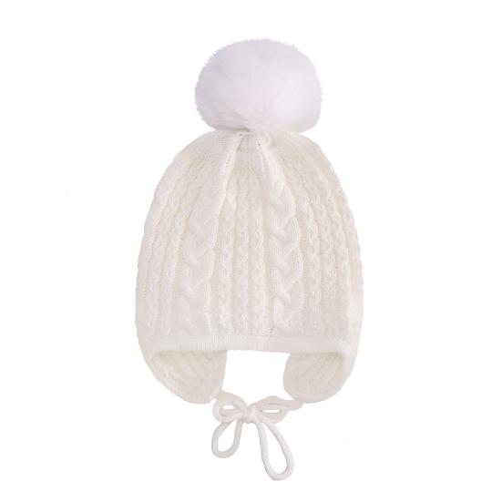 Children Hat Plush Ball Decor Twist Texture Lace-up Knitting Hat Solid Color Design Breathable Warm Winter Hat