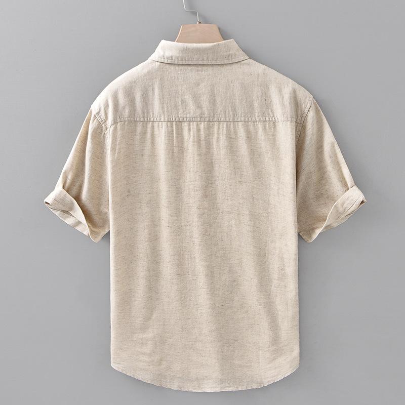 Летняя рубашка Мужская повседневная рубашка с коротким рукавом Однотонная рубашка с отложным воротником из хлопка и льна Мужские топы Простой стиль Мужская одежда Дышащая