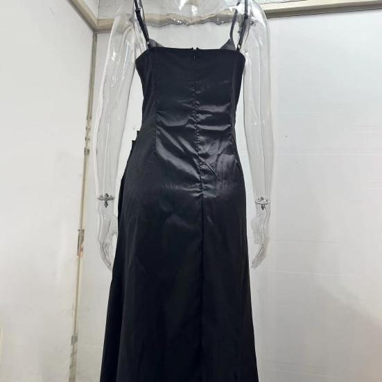 Женское вечернее платье с глубоким вырезом и V-образным вырезом без рукавов на тонких бретельках Атласная плиссе с высоким разрезом Сплошной цвет Узкая талия Slim Fit Полная длина Летний выпускной вечер