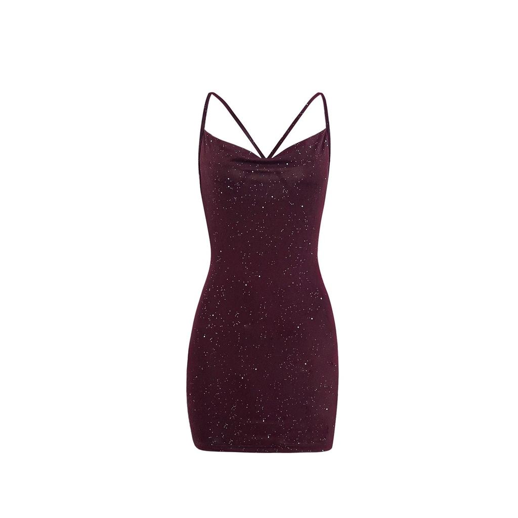 Женское однотонное короткое платье золотистого тона с V-образным вырезом и перекрестными бретелями