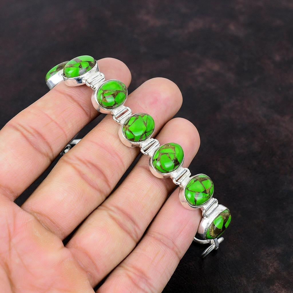 Copper Green Turquoise Bracelet Natural Gemstone Bracelet 925 Sterling Silver Bracelet Adjustable Chain Bracelet Handmade Jewelry For Gifts