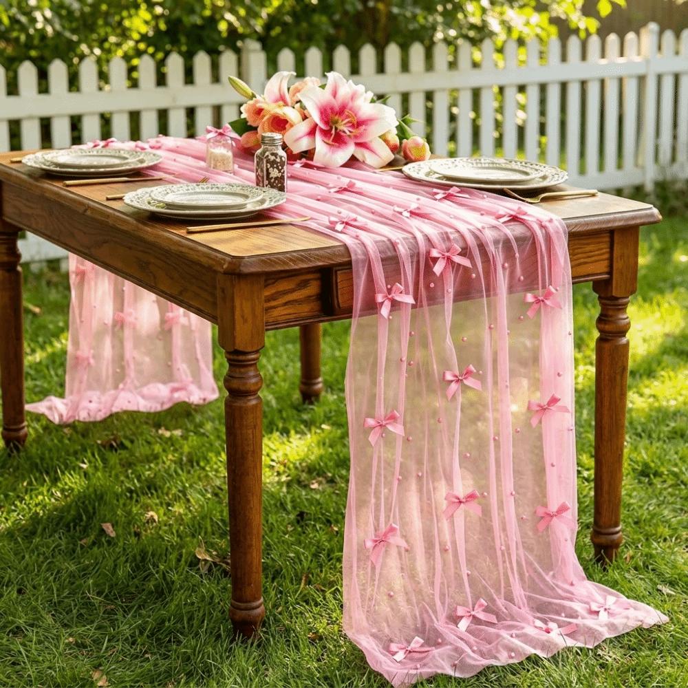 Romantic Bow Pearl Chiffon Runner Semi-Transparent Gauze Tablecloth Tulle Table Runner Wedding