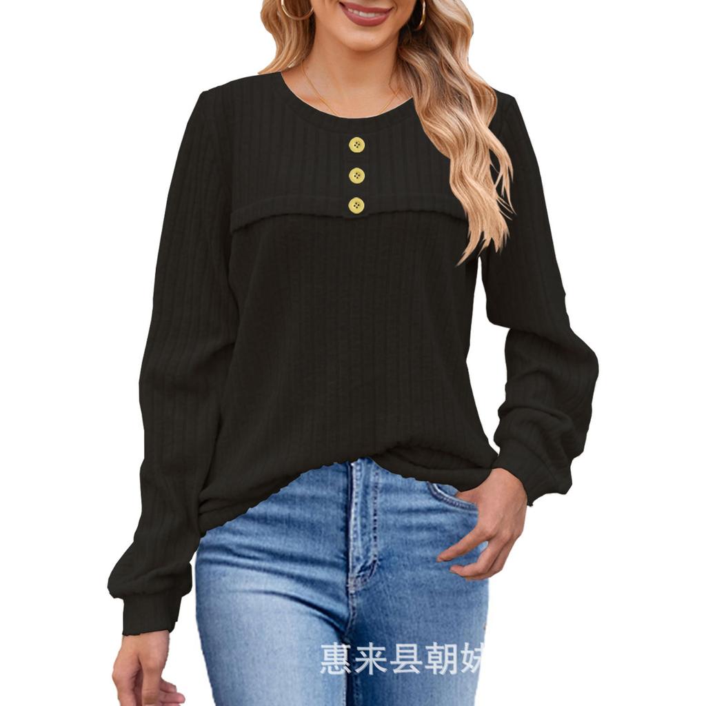 GMXIA Autumn and Winter Frosted Pit Stripe Button Long-sleeved T-shirt Casual Knitted Women's Top Sweaters