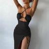 Summer Sexy Dress For Women Sleeveless Backless Hollow Out Party Dress Fashion Lace-up Halter Bodycon Elegant Split Dress