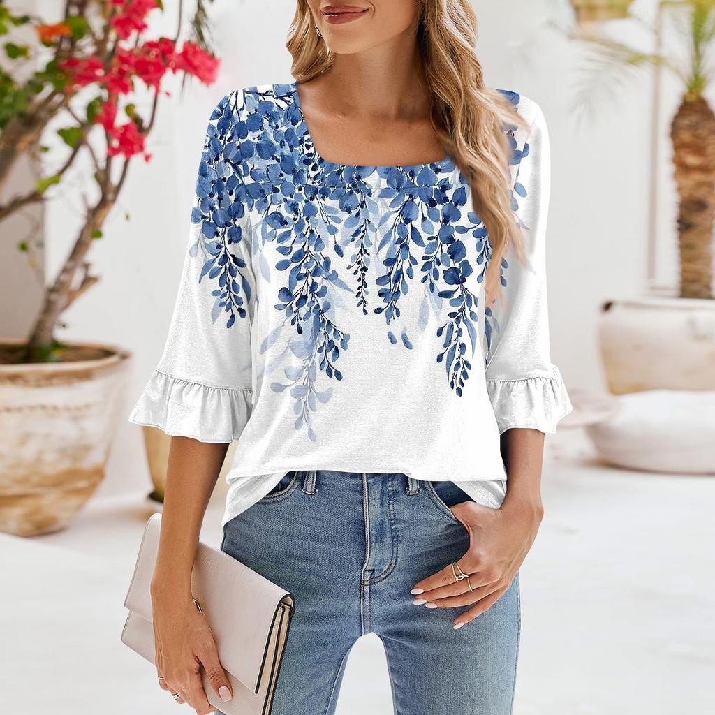 Женские повседневные топы с рукавами 3/4, летние футболки с квадратным вырезом, свободные туники с рюшами, блузки-туники