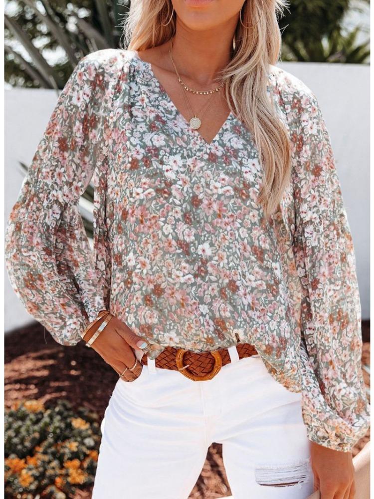 Fashion Women's Casual Tops Spring/Summer V-neck Lantern Sleeve Floral Chiffon Shirt Top with Lining Comfortable and Versatile T-shirt for Ladies