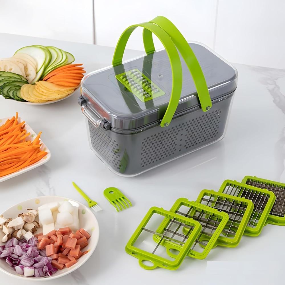 22-in-1 Manual Vegetable Chopper, Stainless Steel/ABS, with Handle, Green/Gray, Kitchen Gadget