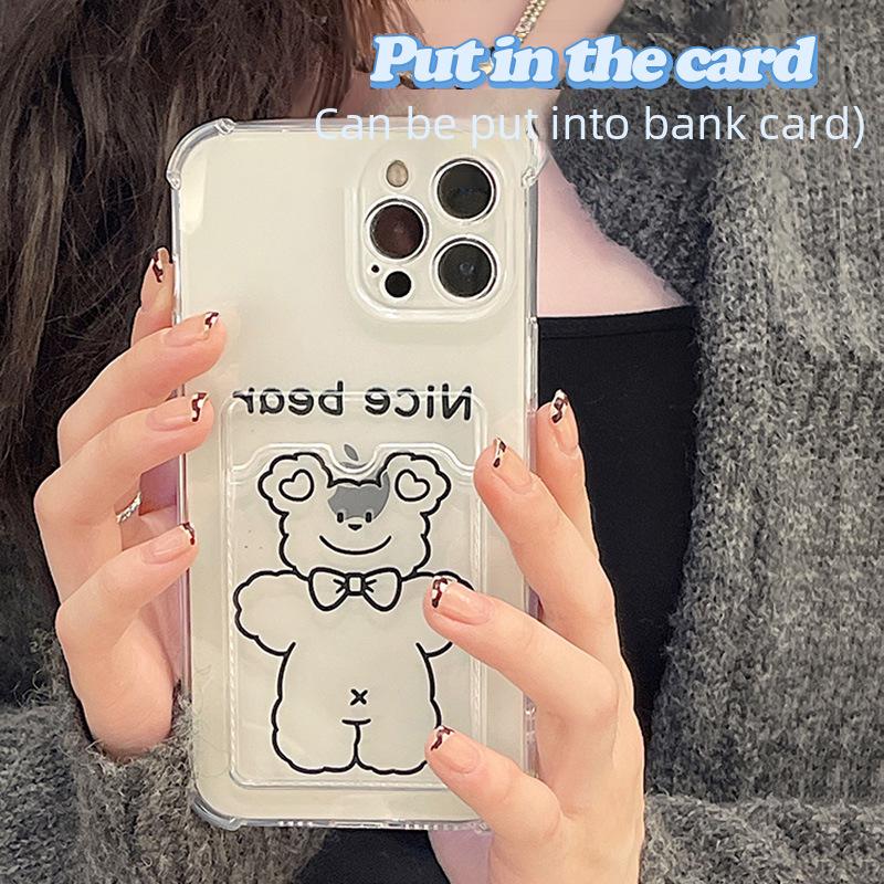 Прозрачный чехол Zhitai для iPhone с держателем для карт и рисунком мультяшного медведя — совместим с iPhone XS/XR и iPhone 14, 15, 16 серий