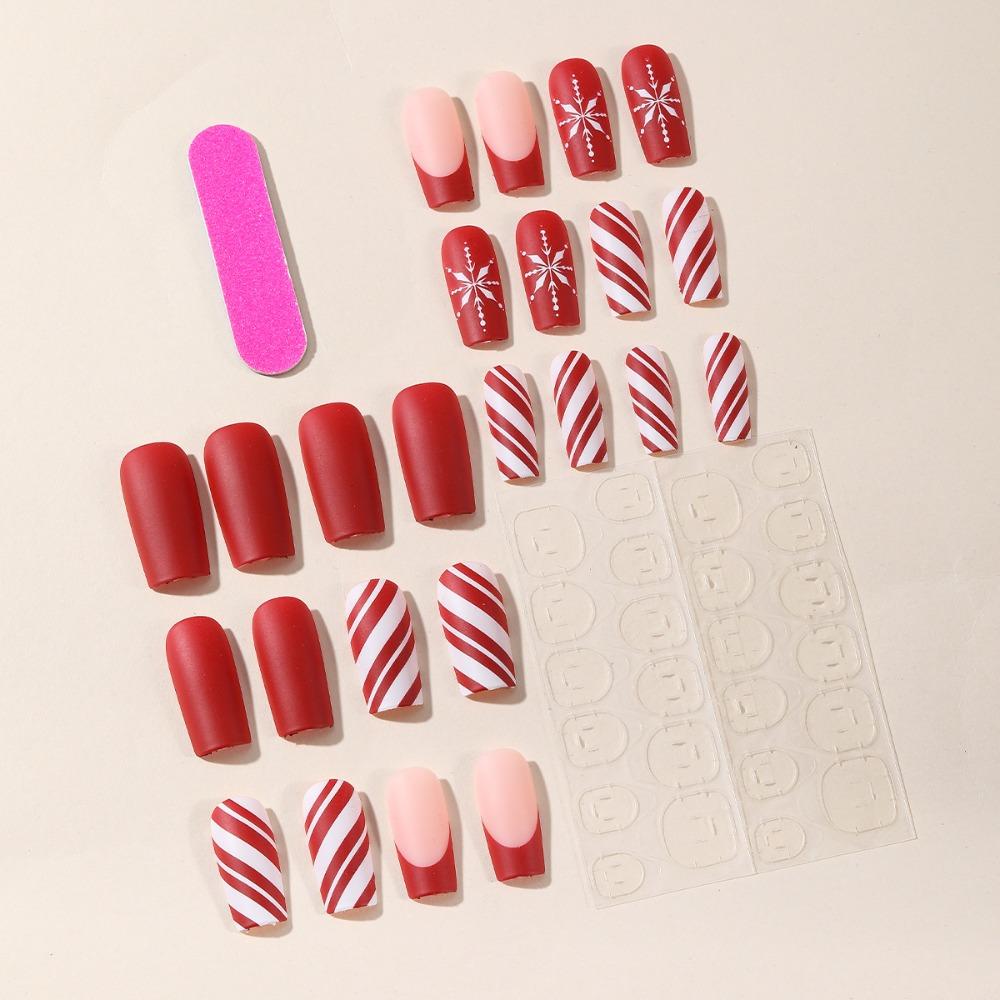 24pcs Snowflake Fake Nails Square Head French Nail Press On Nails Rhinestone Waterproof Faux Fingernails