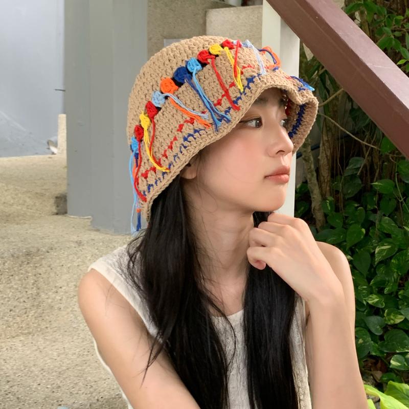 Корейская свежая ручная вязка крючком цветная бахрома шляпа-ведро для женщин весна-лето путешествия повседневная милая универсальная хлопковая вязаная шапка