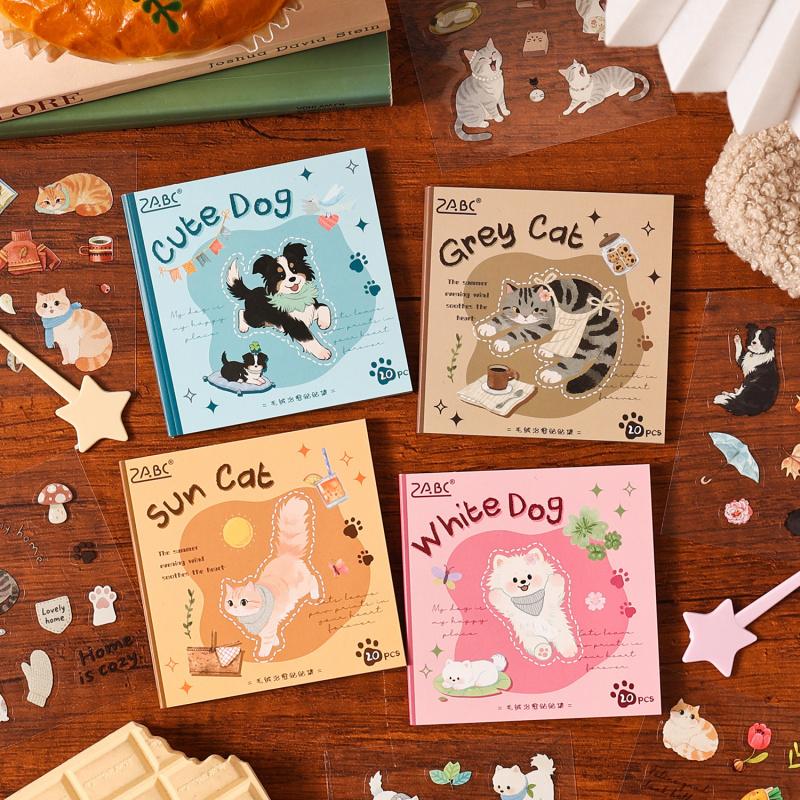 20pcs Cute Cartoon Cat & Dog Sticker Book, Adorable Pet Pattern Journal Decor Stickers, Student Diary Album DIY Collage Material