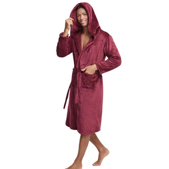 Men Nightgown Hooded Long Sleeve Belt Flannel Bathrobe with Pockets Solid Color Quick-Drying