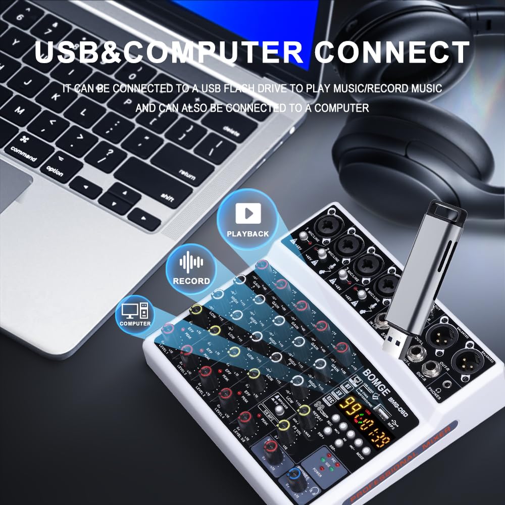 BOMGE 6-Channel DJ Audio Mixer MP3 USB Bluetooth 48V Phantom 99 DSP Effects Live