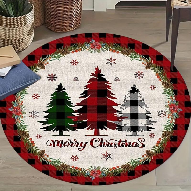 Holly Berry Christmas Tree Round Rug Entryway Door Bedroom Dining Room Living Room Balcony Sofa Side Area Circle Carpet