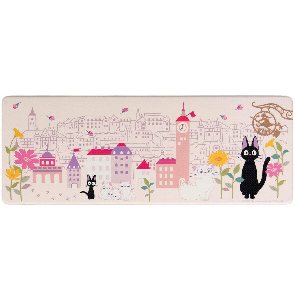 Senko Delivery Service Flower Town Wipeable PVC Kitchen 45 X Character Ghibli 60607 Kiki's Mat, Approx. 120cm, Pink, Jiji, Cat, Design,