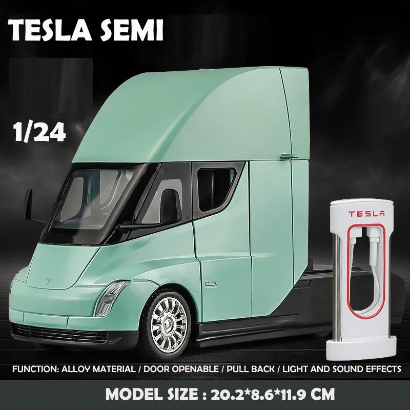 1/24 Scale Tesla Semi Truck Trailer Metal Alloy Diecast Truck Trailer Model Sound & Light Collection Car Model Toy Gift with Boys C325