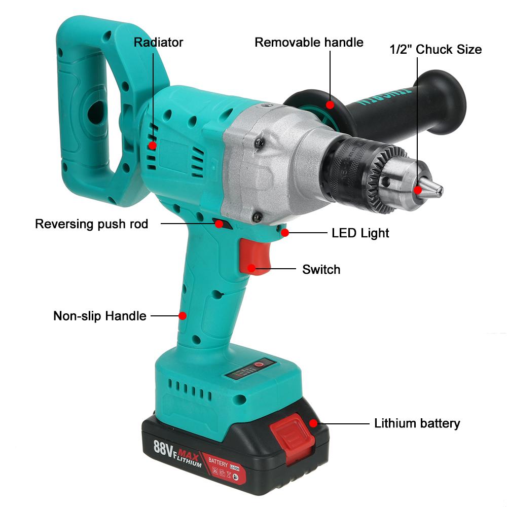 Бесщеточная электрическая дрель 88 В, 800 Вт, 13 мм, аккумуляторная электрическая отвертка, 1/2 дюйма, патрон с автоматической блокировкой, ледобур, электроинструмент с литий-ионной батареей