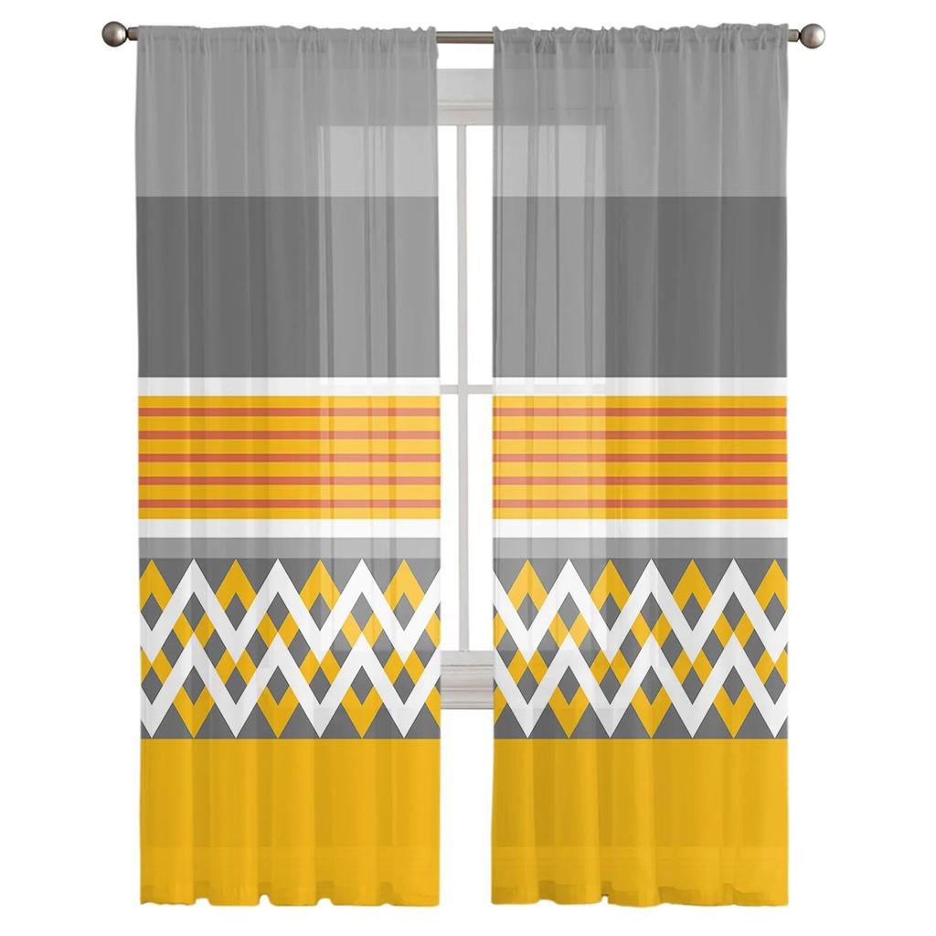 Желто-серые полосатые тюлевые шторы с геометрическим рисунком для гостиной, кухни, современные оконные занавески из вуали