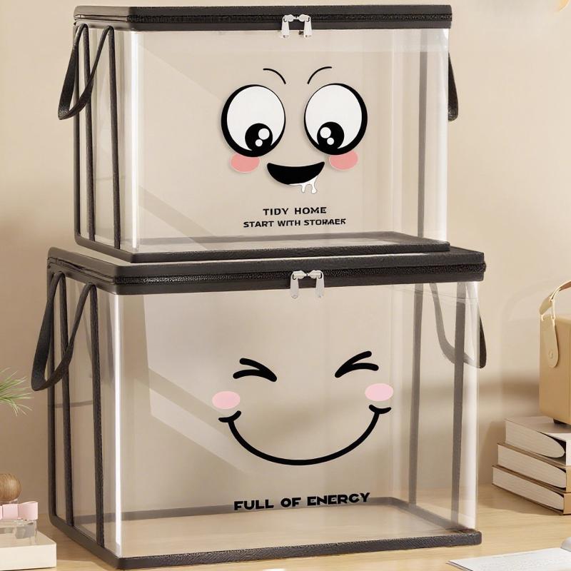 Large Square Storage Box with joyful Face Lid,Black Frame-Heavy-Duty PVC Transparent Organizer Bin,Multi-Purpose Container