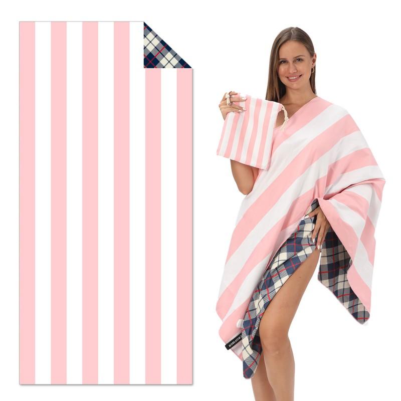 Double-Sided Plush Beach Towel With Color-Block Vertical Stripes Quick-Dry Sand-Resistant Large Size Swimming Pool Vacation