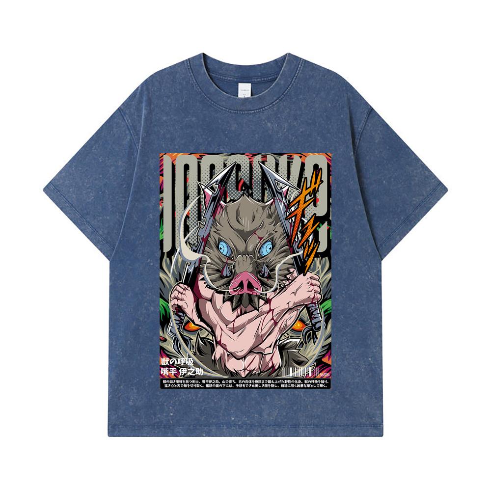 275 GSM Washed T-shirts 100% Cotton Demon Slayer V96 Inosuke Print Unisex Heavy Cotton T Shirt