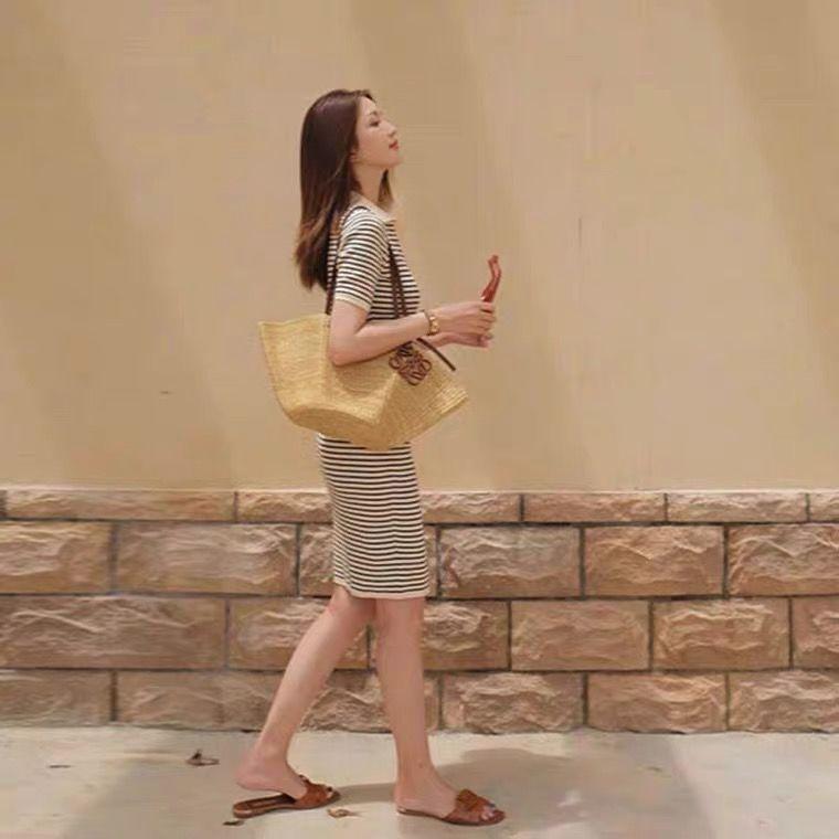 Женское элегантное праздничное платье с коротким рукавом, тонкое полосатое вязаное платье с воротником-поло, винтажное пляжное платье