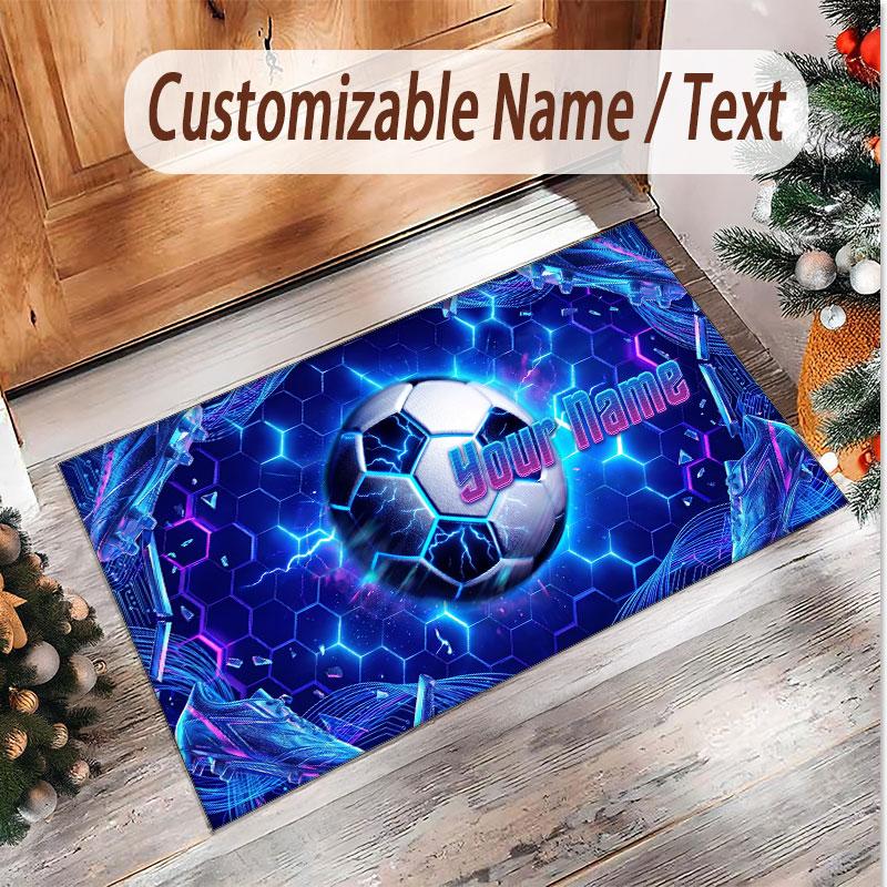 Soccer Theme Soft Crystal Velvet Rug Custom Name & Text Print Non Slip Floor Rug for Bedroom Living Room