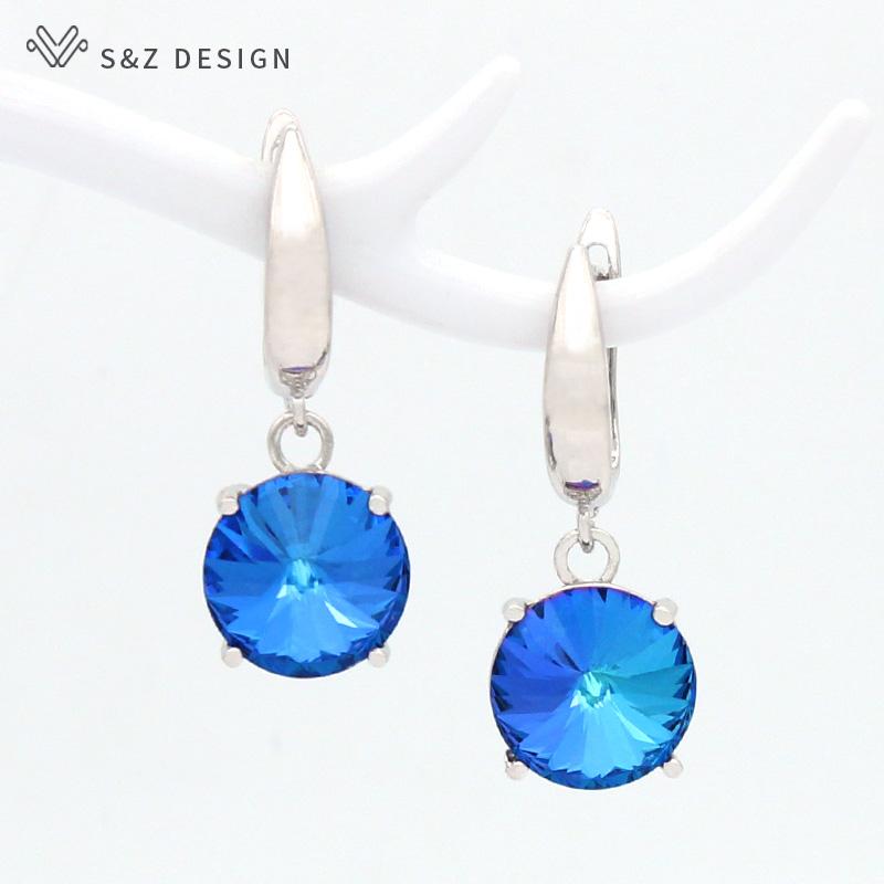 Colorful Round Large Crystal Drop Earrings For Women Wedding Jewelry Fashion Rose Gold Color Eardrop Gift