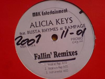12-дюймовая пластинка ALICIA KEYS FEAT BUSTA RHYMES & RAM - Fallin' Remixes MBK073PROMO MBK Entertainme 2001 US Рэп и хип-хоп/R&B Б/У