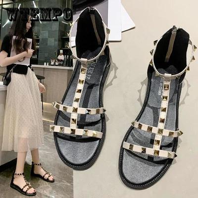 Сандалии женские корейские летние туфли с заклепками модные универсальные римские туфли на плоской подошве сандалии тапочки