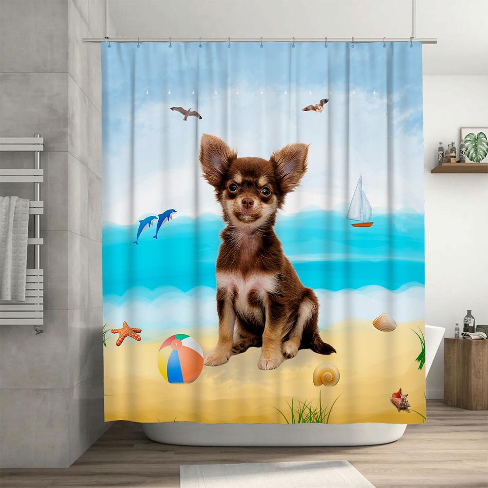Beach-Themed Shower Curtain: Adorable Chihuahua Print In Multicolor Perfect For Bathroom Decor Easy Installation Quick Dry Fabri
