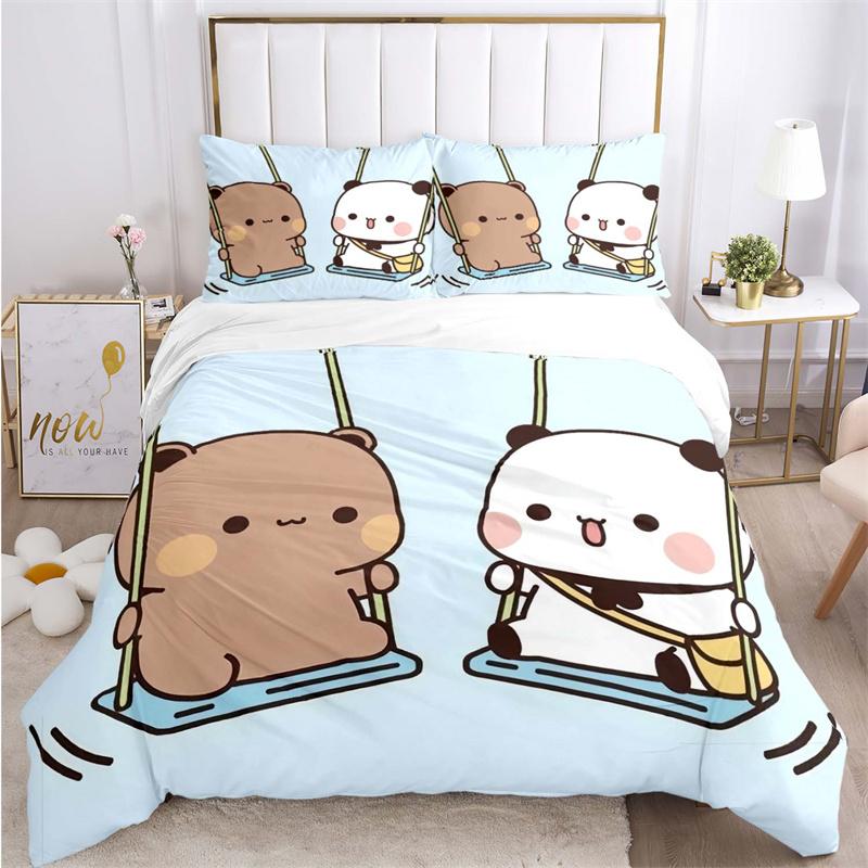 Bear and Bunny on Crescent Moon Print Bedding Set, Night Sky Starry Bed Linen(1 * duvet cover + 2 * pillowcase, without core)