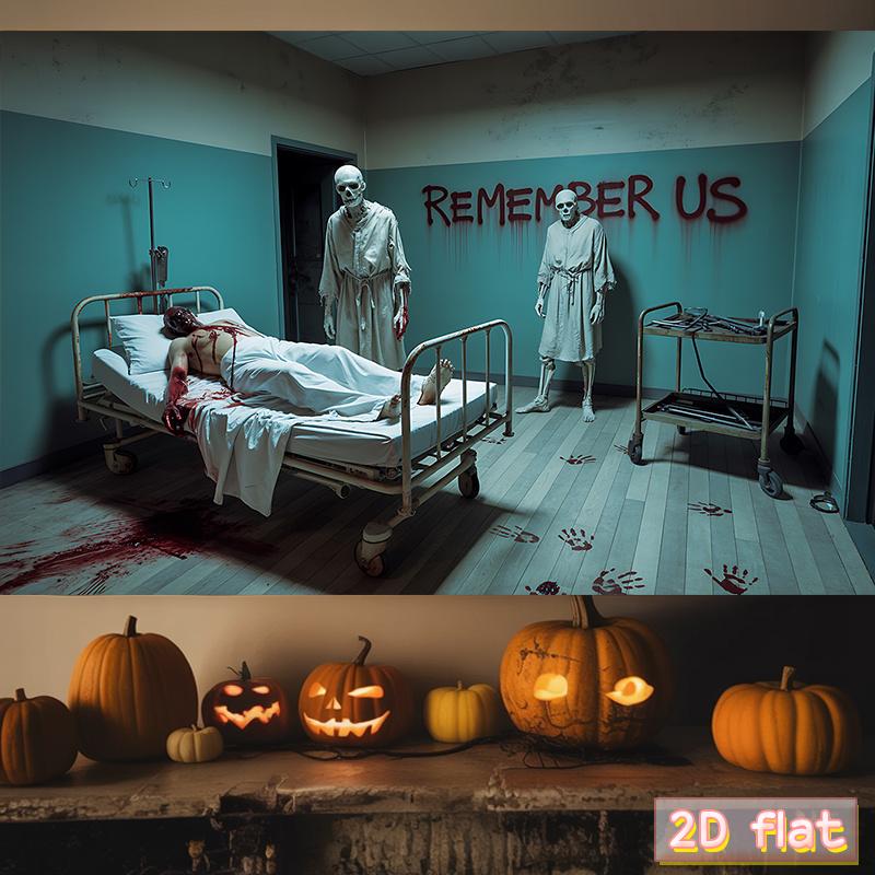 One Halloween party banner - Horror Hospital theme with skull nurses, bloodstains, and the words "REMEMBER US"zyc