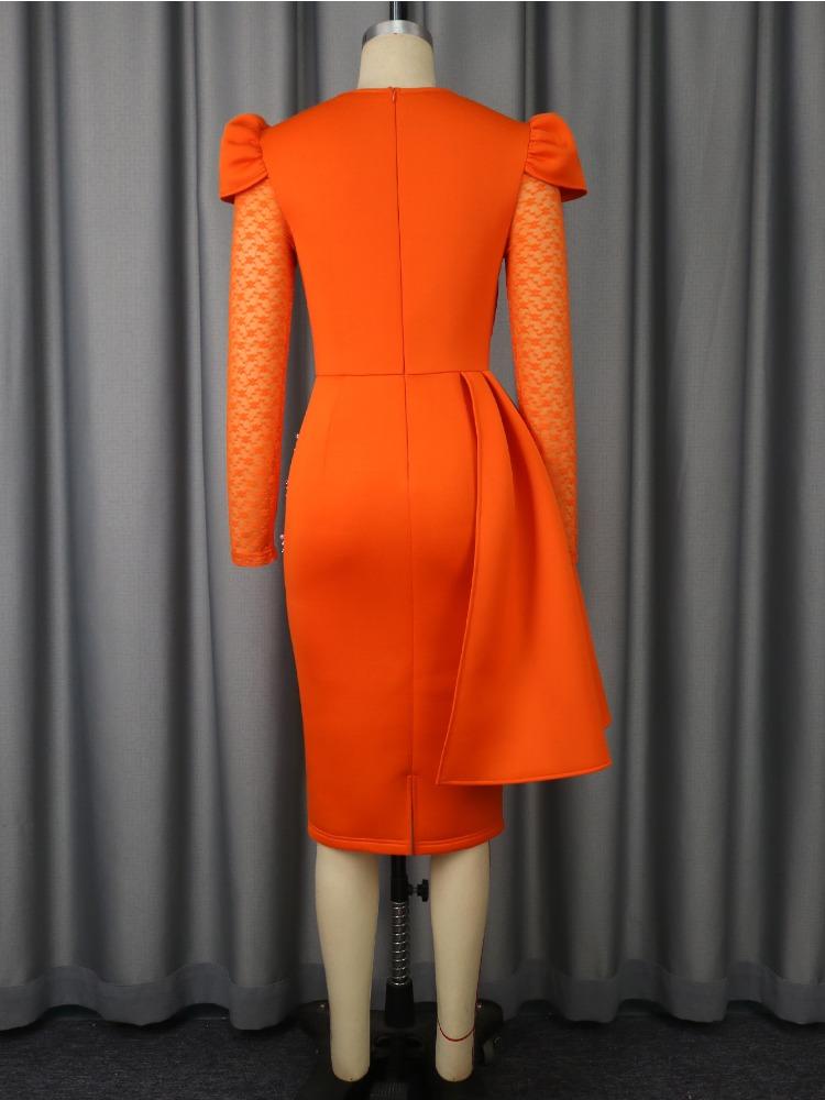 Элегантное женское платье в обтяжку, с круглым вырезом, лоскутное, кружевное, с длинным рукавом, бисером, оборками, приталенное, с высокой талией, вечерние платья для мероприятий