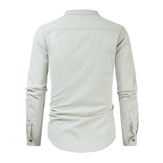 Мужская льняная рубашка, повседневная, с длинным рукавом, на пуговицах, однотонная, мужская, пляжная, с воротником-стойкой, летняя рубашка