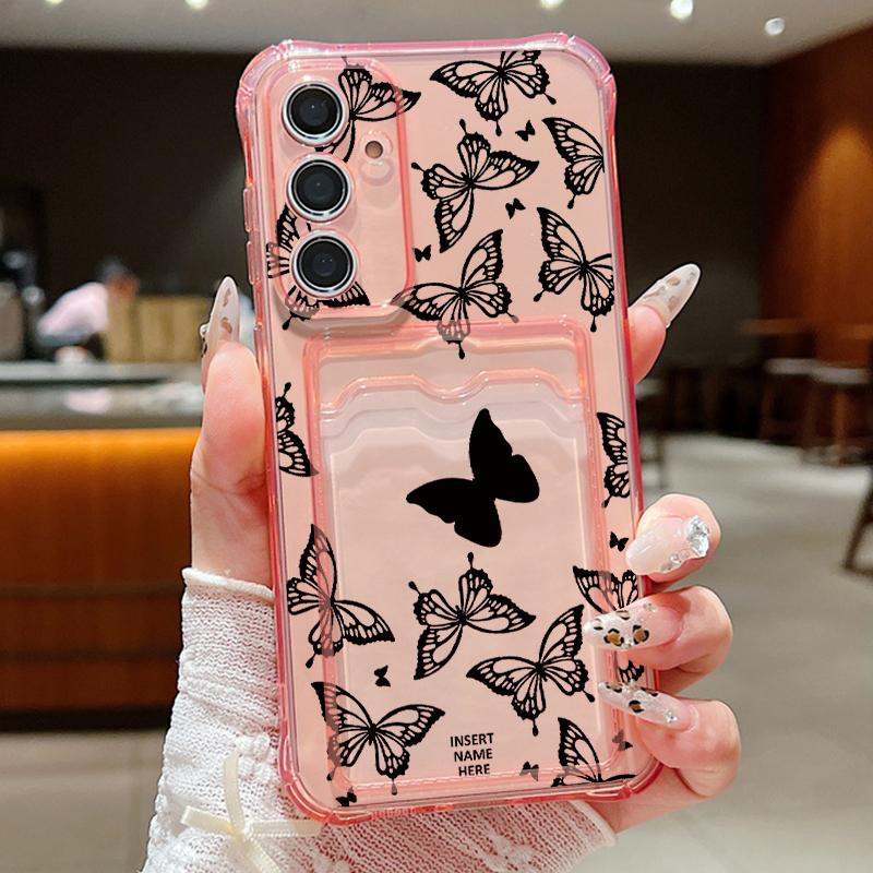 Черный чехол с рисунком бабочки и слотом для карт для Samsung S24 FE S23 Ultra S22 A16 A55 A15 A35 A54 A14, прозрачный противоударный мягкий силиконовый чехол для телефона