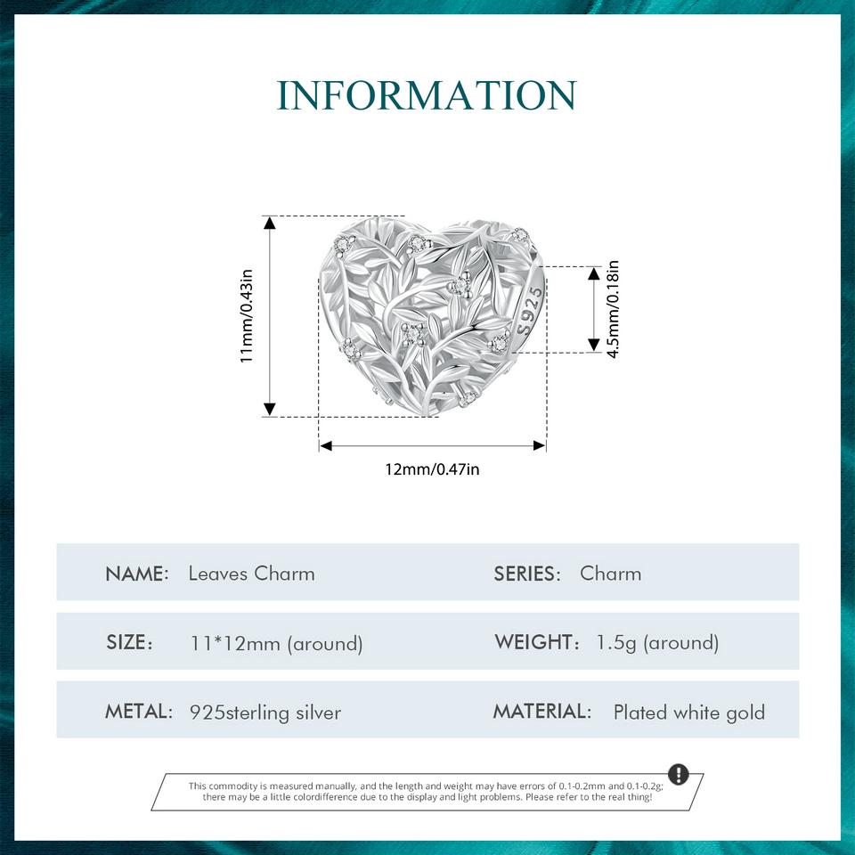 BAMOER 925 Sterling Silver Heart-Shaped Hollow Charms for Bracelets Classic Leaves DIY Beads Charm Jewelry Gifts for Women