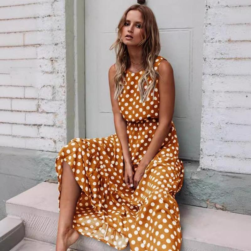 2025 Spring Summer Fashion Printed Polka Dot Women Dress Sleeveless Elegant Loose Round Neck A-line Party Long Dress Versatile Casual Simple Clothing