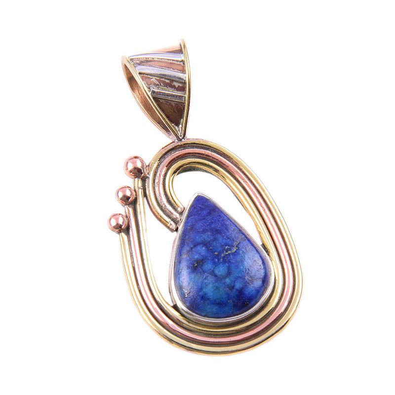 Natural Lapis Lazuli 925 Solid Sterling Silver TwoTone Gift Pendant 1.50" v9a01