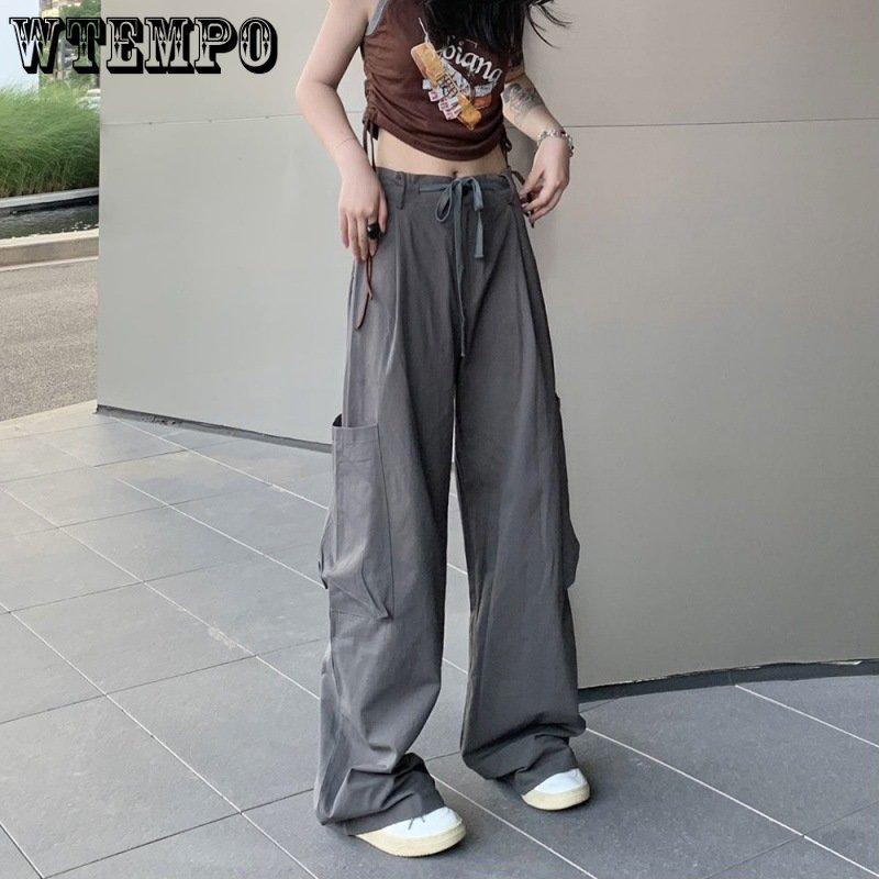 WTEMPO Women's Straight Cargo Pants High Waist American Streetwear Vintage Pants Chic Design Casual Ladies Wide Leg Cargo Trousers