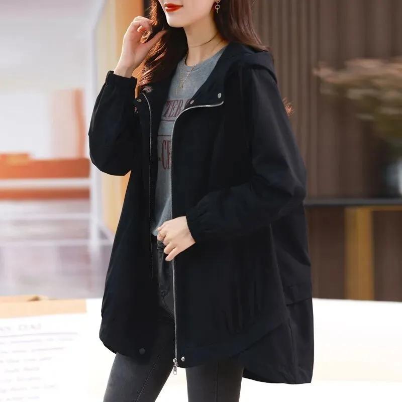 Ветровка с капюшоном, женская весенне-осенняя куртка большого размера, свободная повседневная универсальная куртка средней длины, женское пальто
